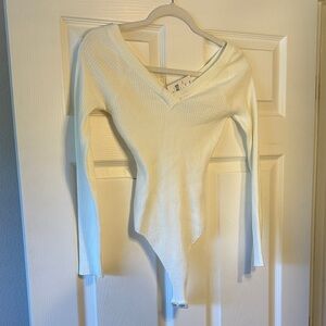 White Ribbed V-Neck Long-Sleeve Bodysuit